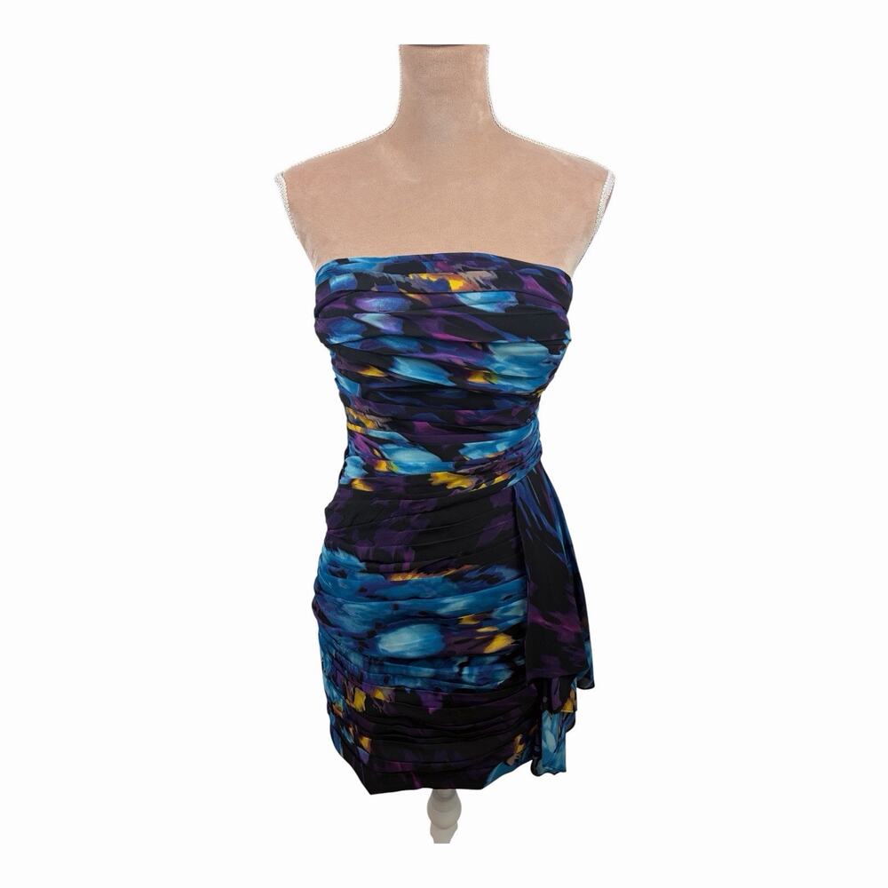 Bebe Strapless Ruched Bodycon Mini Dress Womens M Blue Purple Abstract